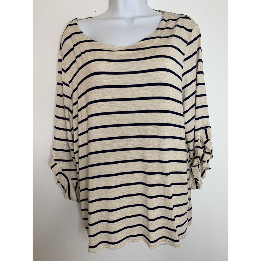 Chico's size 3 Striped Black Cream Stripes Flowy shirt Top  Womens blouse (09)